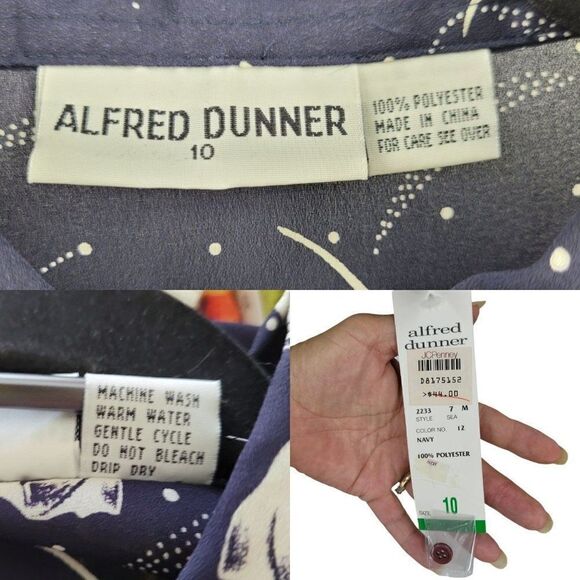 Vtg 80's Alfred Dunner Top Sheer Secretary Novelty Bow Print Blouse Navy Sz M - Picture 4 of 9